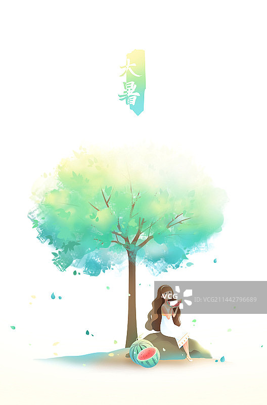 坐在树下石头上吃西瓜的少女，淡雅清新大暑节气插画海报图片素材