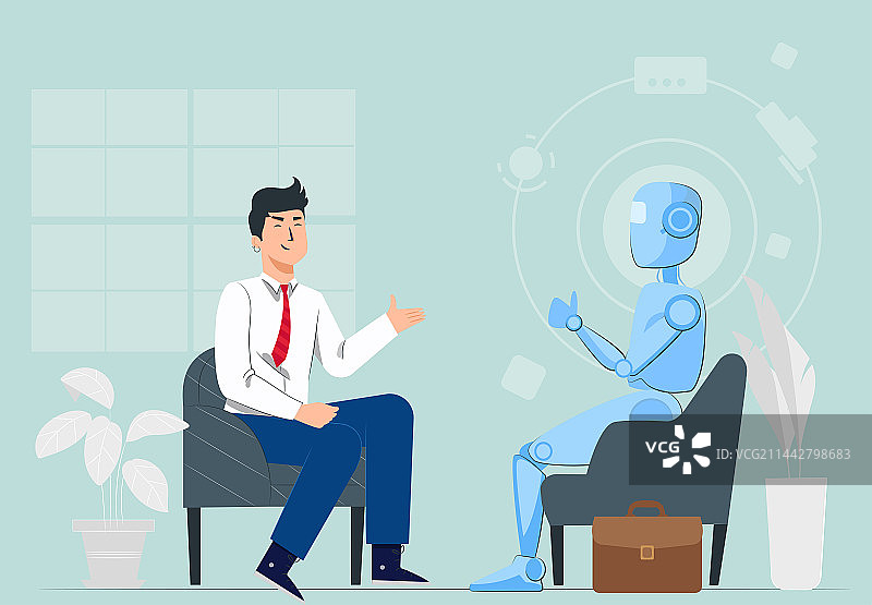 男人坐在椅子上与机器人交谈图片素材