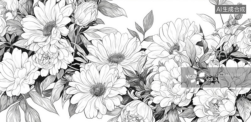 【AI数字艺术】精细花卉黑白工笔线稿图片素材