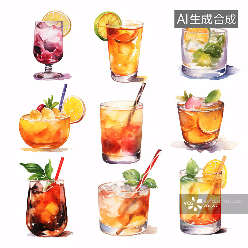 【AI数字艺术】水彩插画夏日饮料果茶鸡尾酒图片素材