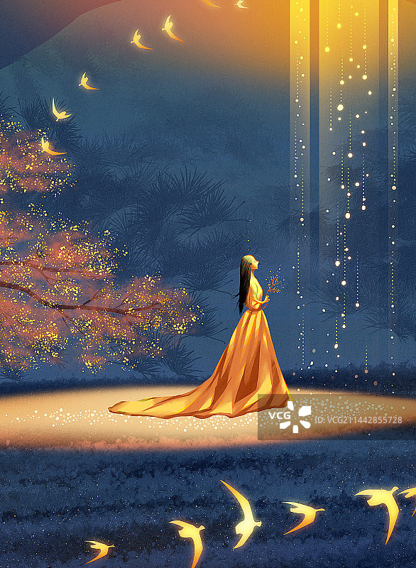 女人站在光里，古风，红枫图片素材