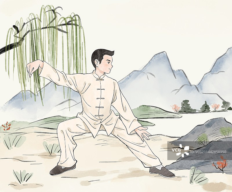 公园里在打太极锻炼身体的人水墨风插画图片素材