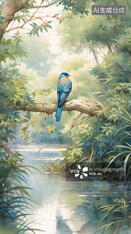 【AI数字艺术】鸟栖息在树枝上的工笔画图片素材