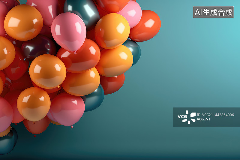 【AI数字艺术】蓝色背景下彩色气球的特写镜头图片素材