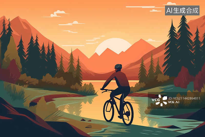 【AI数字艺术】日落时在山中骑自行车的人图片素材