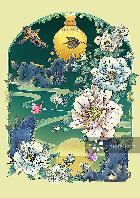 牡丹花精油新中式包装深色系图片素材