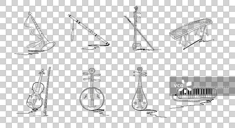 中国民乐乐器合集黑白线条图片素材