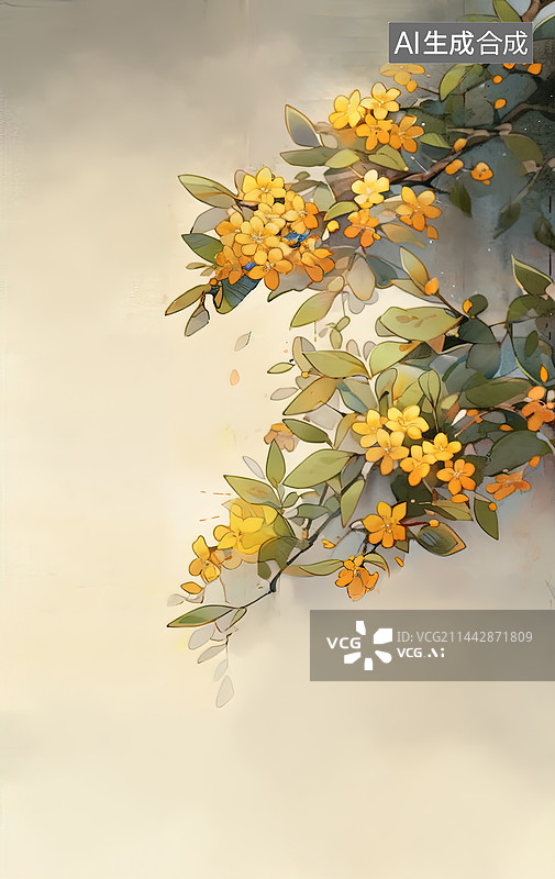【AI数字艺术】水彩秋天桂花花枝图图片素材