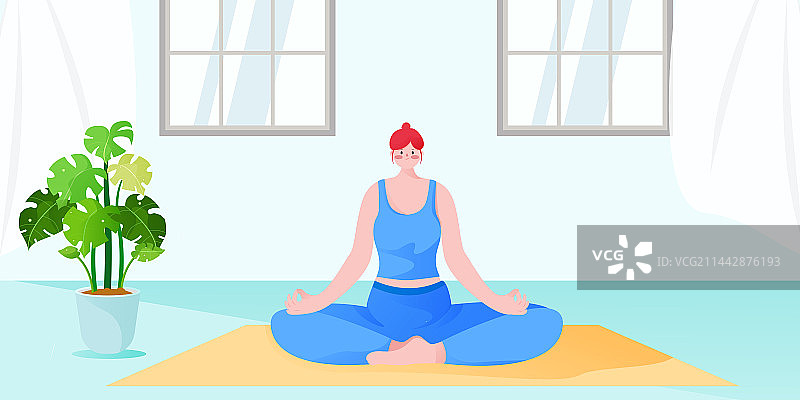 一个正在客厅做瑜珈动作的女生插画图片素材