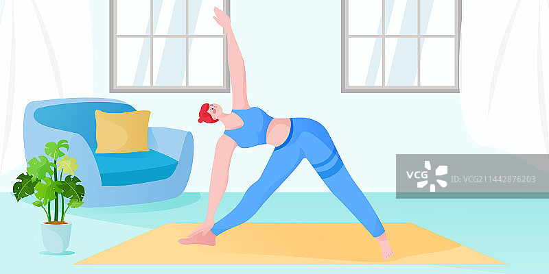 一个正在客厅做瑜珈动作的女生插画图片素材