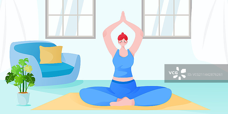 一个正在客厅做瑜珈动作的女生插画图片素材