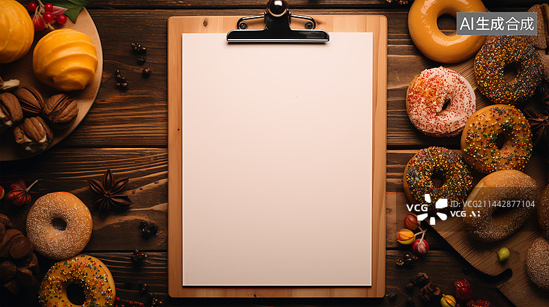 【AI数字艺术】水果汉堡零食空菜单牌木质背景模板图片素材