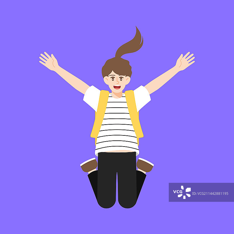 背着书包跳跃的女孩插画图片素材
