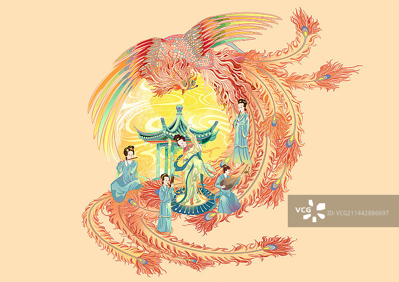 中秋节凤凰月亮大量人群仕女在奏乐表演图片素材