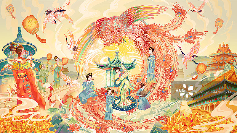 国潮风传统节日中秋节团聚故宫祥云仕女大量人群传统乐器吹笙弹琵琶奏乐嫦娥仙女图片素材