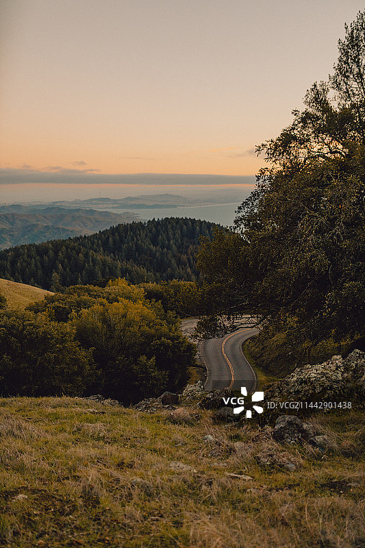 日落时分，树木掩映下的道路风光图片素材