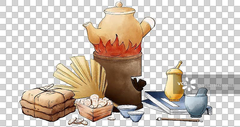 中医药材熬药养生手绘插画元素图片素材