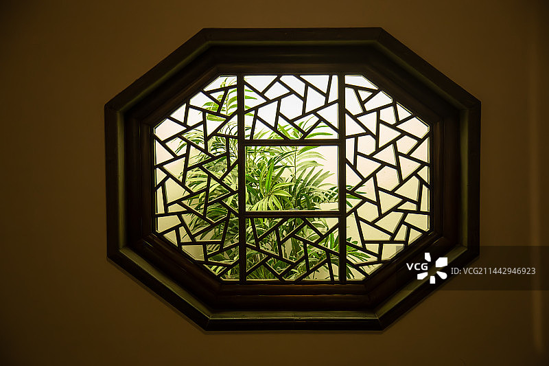 园林八边形花格窗和竹子绿色植物透景中国苏州园林美国大都会艺术博物馆明轩图片素材