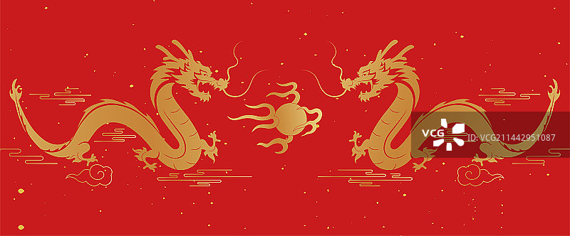龙年2024双龙戏珠红色背景矢量插画图片素材