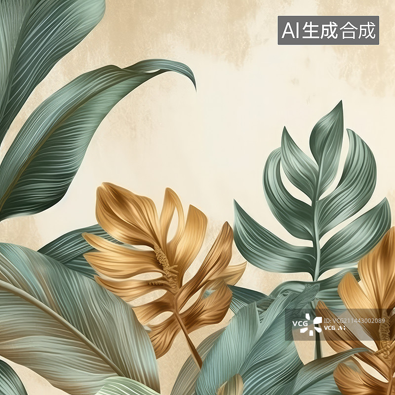 【AI数字艺术】金色和绿色的棕榈叶图片素材
