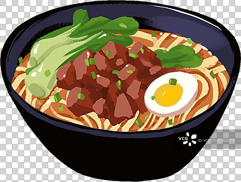 一碗香喷喷的美味牛肉面插画，有青菜和鸡蛋图片素材
