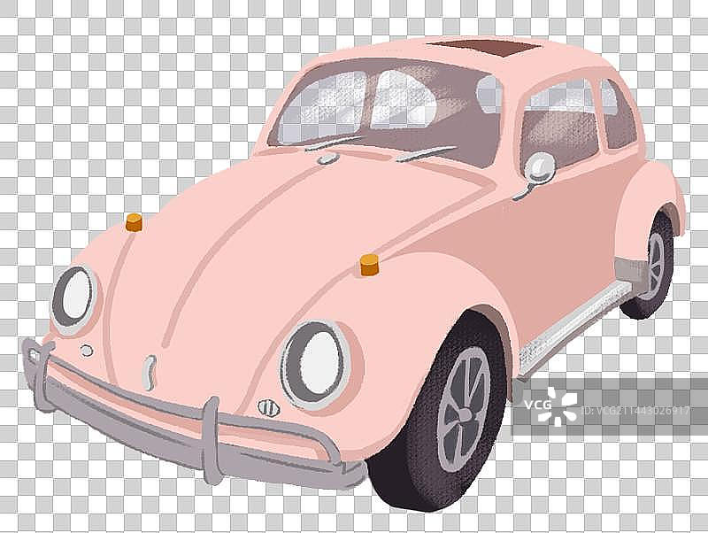 一辆粉红色复古小汽车，怀旧插画图片素材