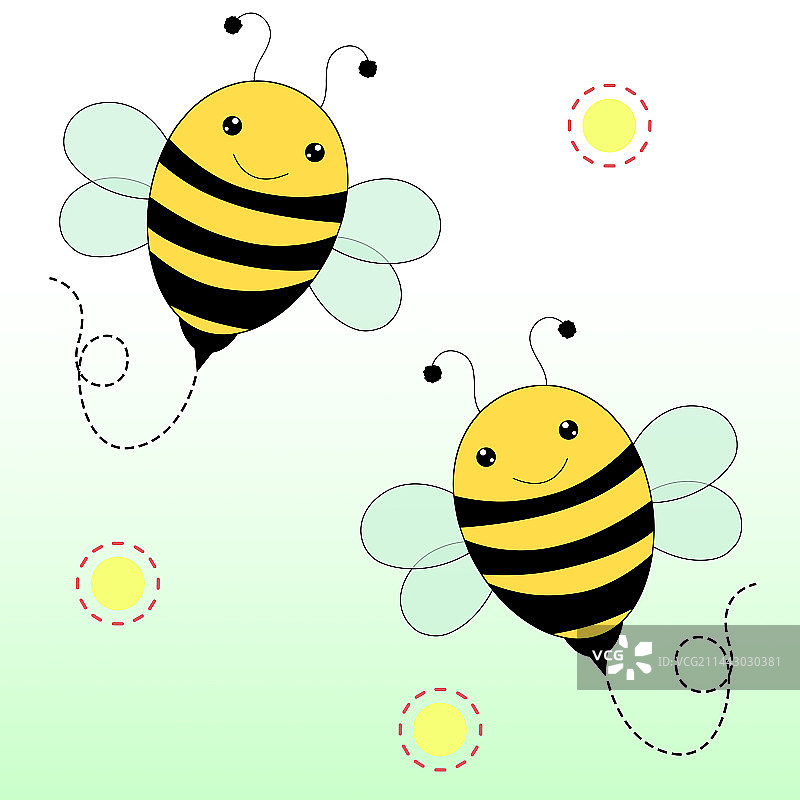两只小蜜蜂飞行在空中可爱卡通风格手绘插图绿色渐变背景源文件可替换背景图片素材
