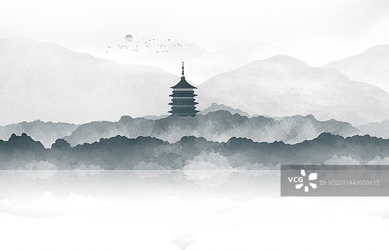 中国风古典水墨丹青山水风光 中国风水墨画杭州西湖十景雷峰塔图片素材