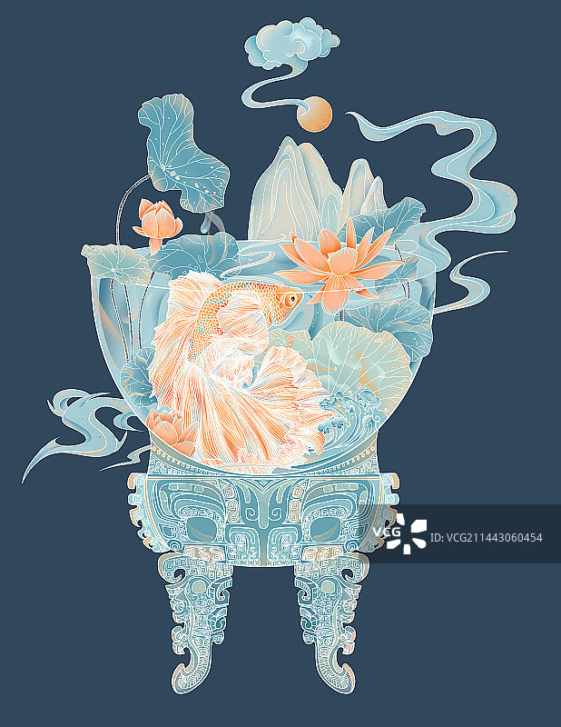 国潮插画 锦鲤 莲花 中国风插画 传统鼎图片素材