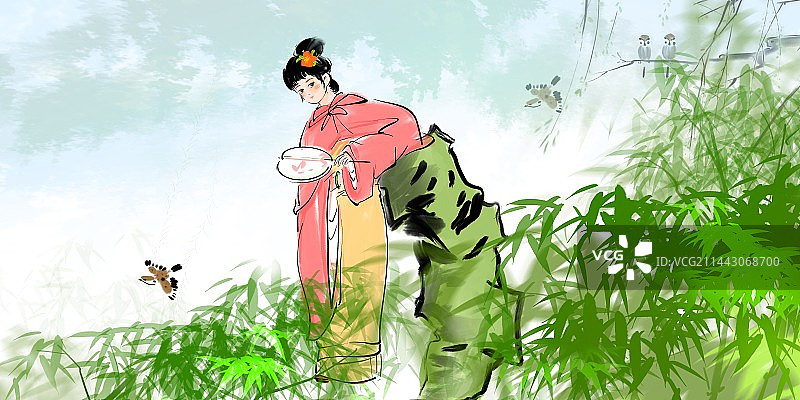 竹林麻雀中国风古代仕女汉服美女大自然健康生活方式图片素材