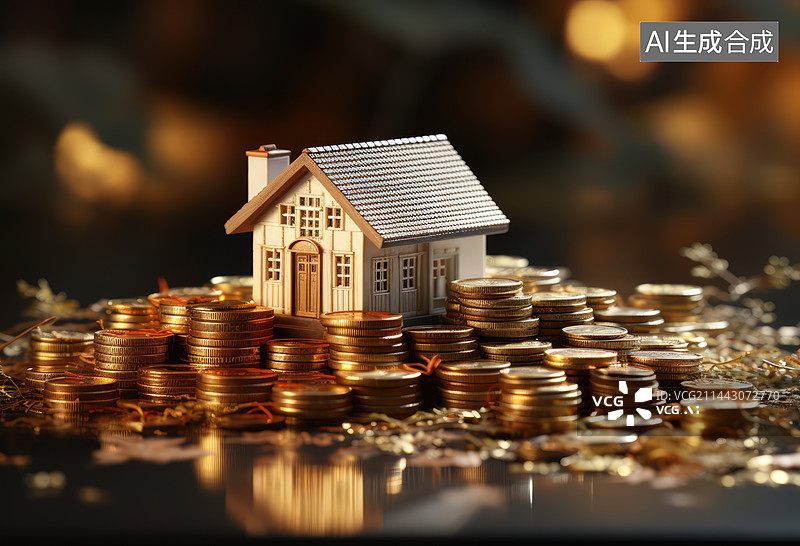 【AI数字艺术】住房和退休后的资金准备,一排金币上的小房子模型图片素材