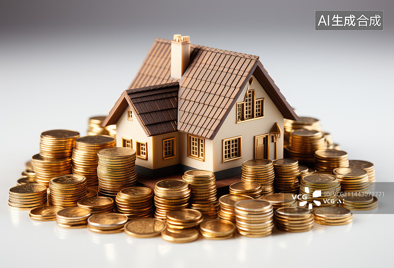 【AI数字艺术】住房和退休后的资金准备,一排金币上的小房子模型图片素材