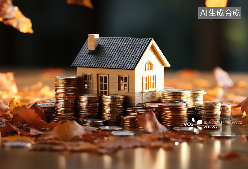 【AI数字艺术】住房和退休后的资金准备,一排金币上的小房子模型图片素材