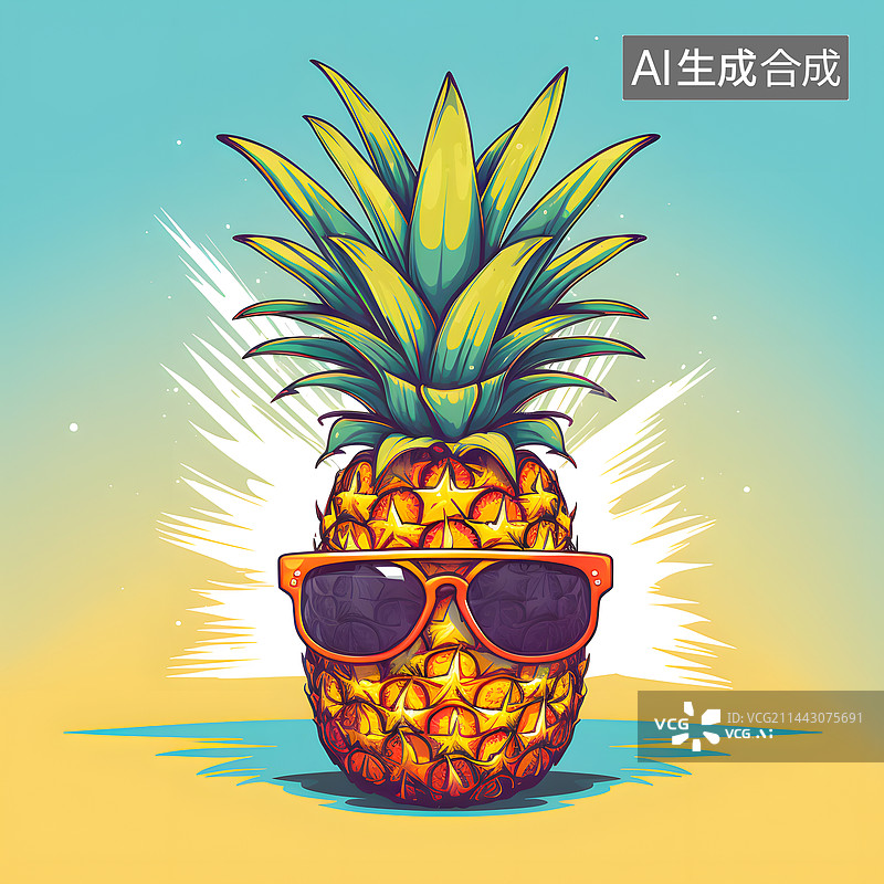 【AI数字艺术】AIGC：带墨镜的菠萝 卡通形象图片素材