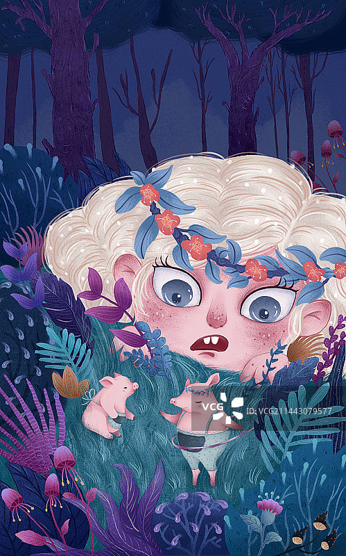 森林女孩 儿童插画 夜晚图片素材