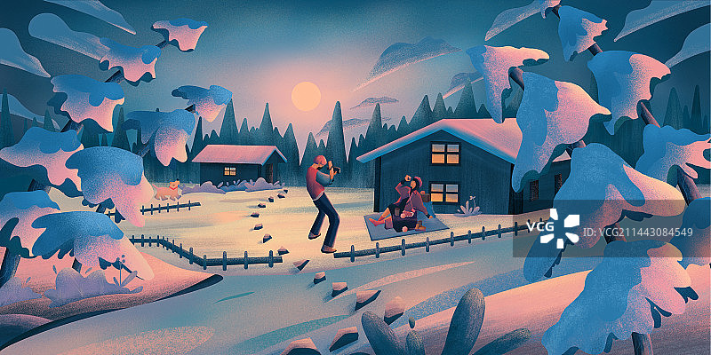 几何风景插画 雪村拍照的情侣 夕阳图片素材