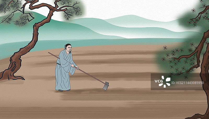 三国演义三国志东汉末年南阳郡古隆中诸葛亮孔明躬耕耕田种地劳作劳动古人风景插画图片素材