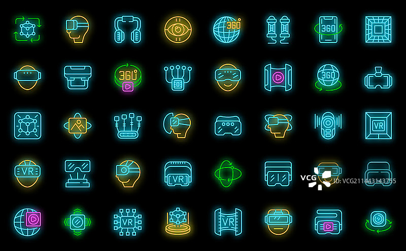 虚拟现实头盔图标霓虹灯套装图片素材