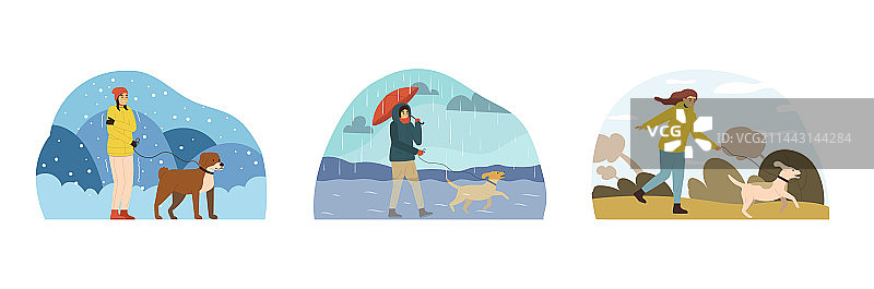 三个恶劣天气人物扁平插画组合图片素材