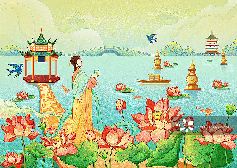 杭州西湖雷峰塔新中式国潮肌理插画图片素材