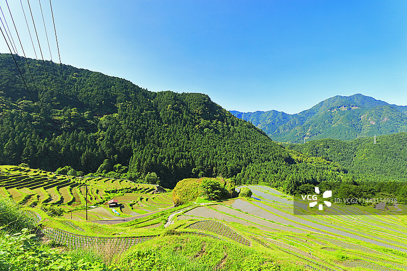 日本三重县熊野市丸山千枚田与晴朗天空图片素材