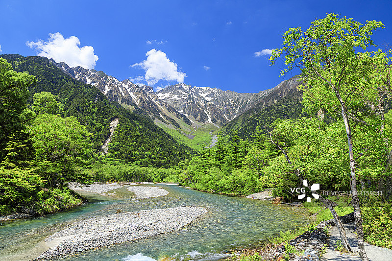日本长野县松本市的梓川和穗高山图片素材