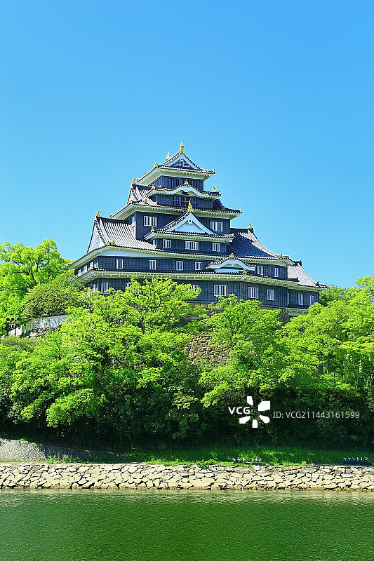 日本冈山县冈山市的冈山城和旭川河的新绿图片素材