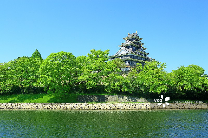 日本冈山县冈山市的冈山城和旭川河的新绿图片素材