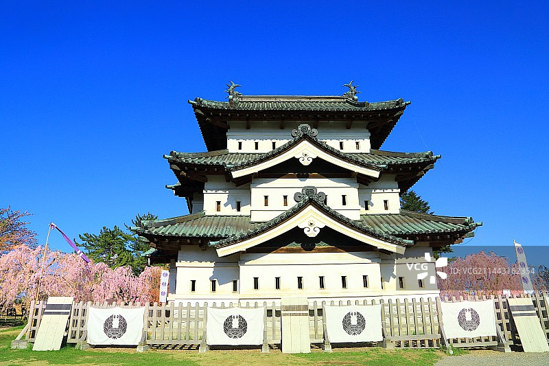 日本青森县弘前市弘前城本丸与樱花图片素材