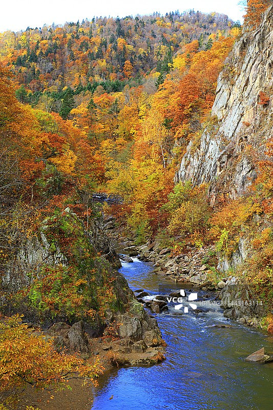 秋叶中的定山溪，日本札幌图片素材