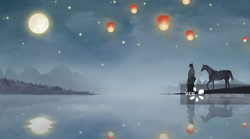 古人牵马晚上插画图片素材