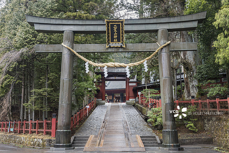 日本日光二荒山神社的鸟居与参道，位于栃木县日光市图片素材