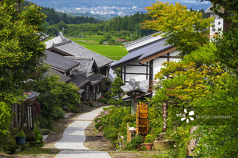 日本岐⾙县中津川市马笼宿图片素材