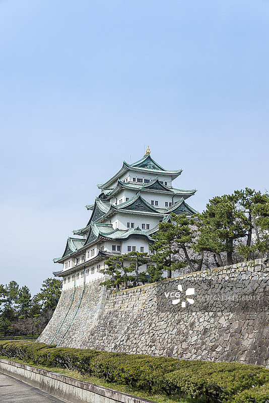 日本爱知县名古屋城石墙和盛开的樱花图片素材